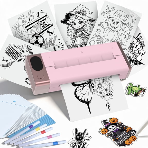 MILESTONE Pink Tattoo Printer, Portable Bluetooth Inkless Stencil Machine, Pocket DIY Graffiti Tool, HD Transfer to Skin, with 30 sets Temporary Tattoos + 6 Acrylic Markers