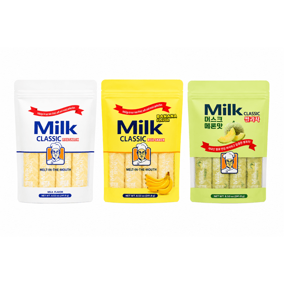 MILK CLASSIC Korean Rice Snack Variety Pack Milk, Banana & Melon Flavors, Individually Wrapped Baked Rice Snacks, 3 Pack, 25.59 oz