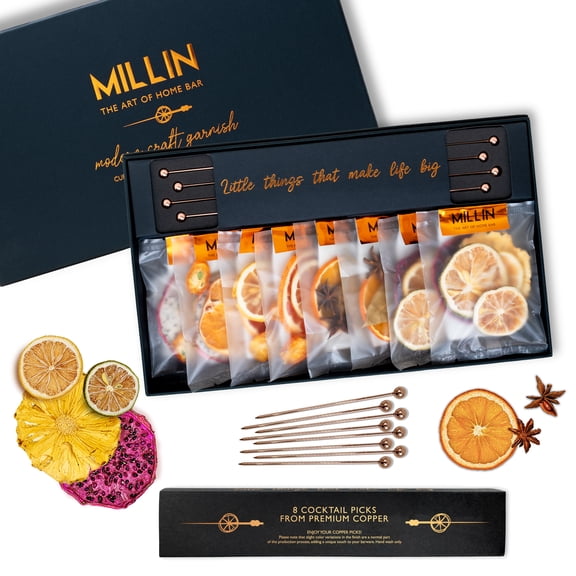 MILLIN GOURMET GARNISH GIFT SET with COCKTAIL PICKS I 100% Natural Dehydrated fruits I Professional Bartenders Men Women Corporate Liquor Holiday Unique Gift -Medium (35 slices + 8 picks)