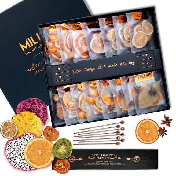 MILLIN Gourmet Garnish Gift Set with Cocktail Picks I 100% Natural Dehydrated Fruits I Professional Bartenders Men Women Corporate Liquor Holiday Unique Gift - Large (70 Slices + 8 Picks)