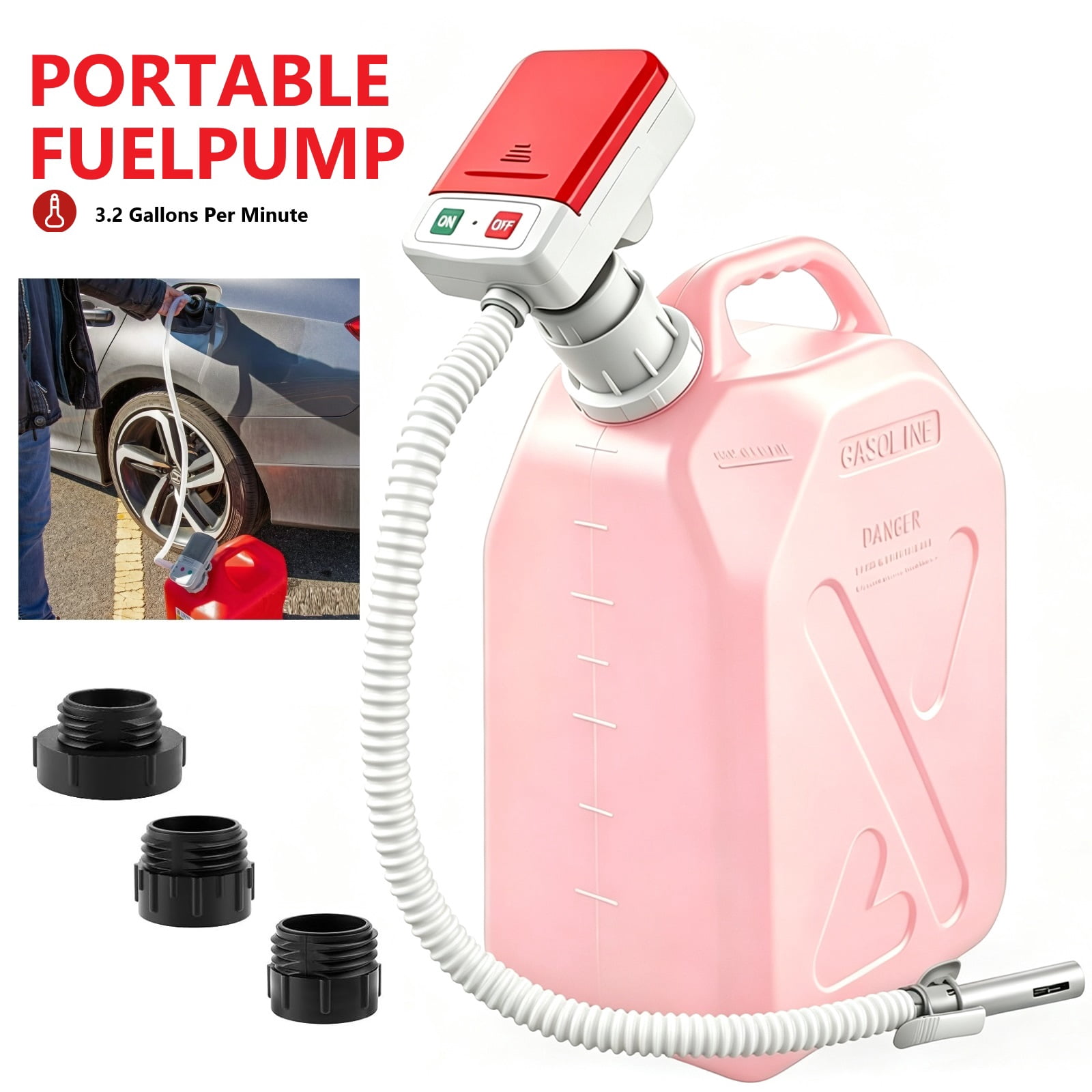MILONG Portable Electric Fuel Transfer Pump with 51" Extra Long Hose, Auto-Stop, 3 Size Tank Adapters, Leak-Proof Liquid Transfer Pump for Gasoline, Fuel and Diesel, Red