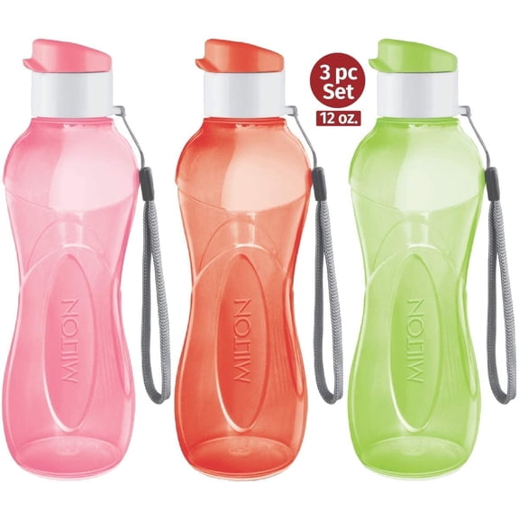 MILTON 12 oz Kids Reusable Water Bottles 3-Pack Leak‑Proof, Pink/Red/Green