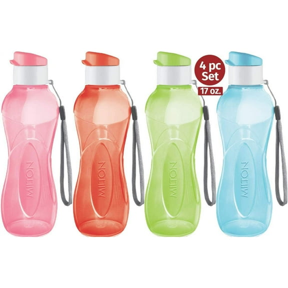 MILTON 4-Pc Reusable Water Bottle Pack 17 Oz Plastic Bottles with Caps, Bright Color