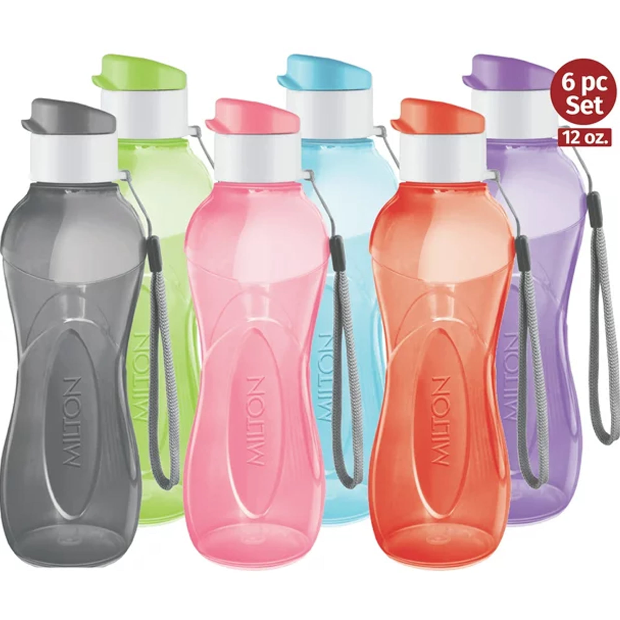 MILTON 6Pc Small Refillable Reusable Water Bottles, 12 Oz Plastic with Caps, Multicolor