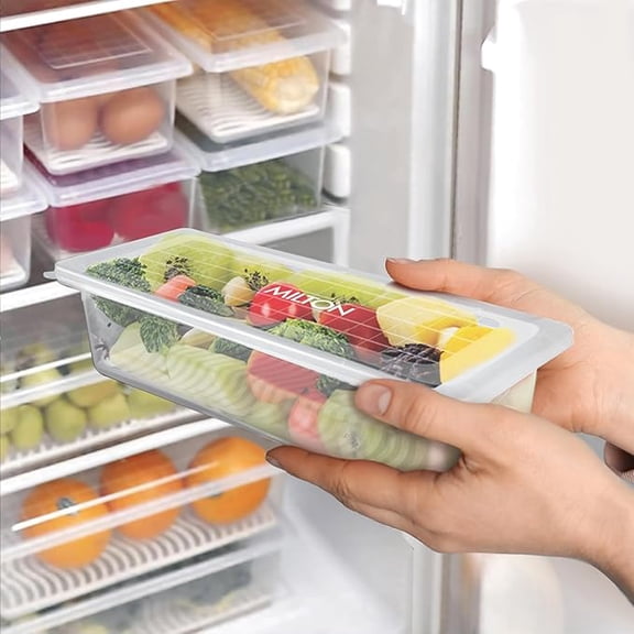 MILTON Cryo Fridge Storage Boxes Set of 6 Fridge Organizer Container with Waterproof Vinyl Stickers & Removable Drain Plate, Lid, Stackable Box, Plastic Containers 1500 ml, Transparent