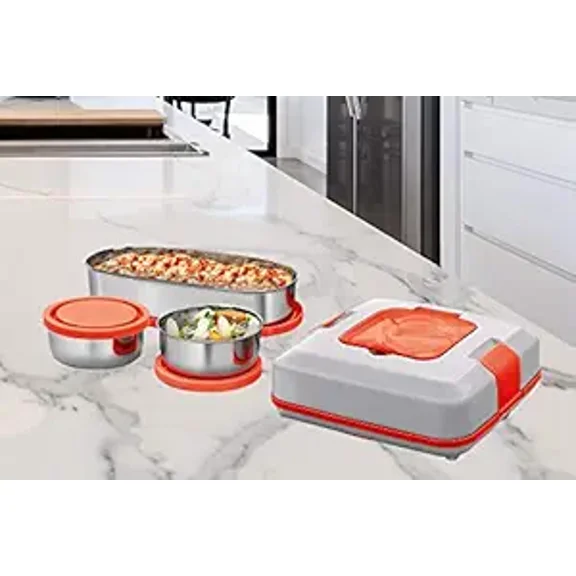 MILTON Flatron Lunch Box 3 Stainless Steel Containers (2 Round x 200 ml Each and 1 Oval x 400 ml) Leakproof Boxes, Portable Food Heating Electric Tiffin, Grey Red Enjoy Hot Meals Anywhere