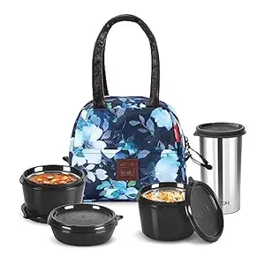 MILTON Floret Tiffin (3 Microwave Safe Inner Steel Containers, 180/320 /320 ml; 1 Stainless Steel Tumbler with Lid, 415 ml) with Insulated Fabric Jacket, Blue | Lunch Box | Office