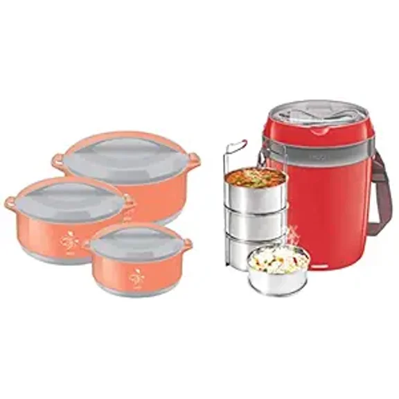 MILTON Futron Stainless Steel Electric Lunch Box, (4 Containers), Red & Divine Jr Inner Stainless Steel Casserole (Set of 3, 430 ml, 830 ml, 1400 ml, Orange)