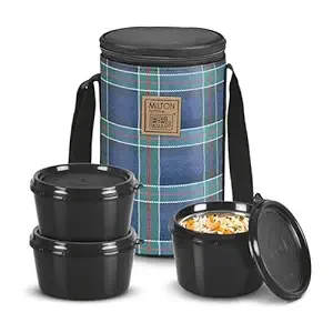 MILTON Lofty Lunch Box Set with Bag, 3 Containers (320ml & 2-450ml), Navy Blue, Tiffin Box Outer Plastic Inner Steel with Jacket, Leakproof Lunch Boxes, Ideal for Office, School, College