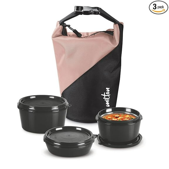MILTON Micro Meal Lunch Box (3 Microwave Safe Inner Steel Containers,1 x 180 ml, 2 X 320 ml Each) with Insulated Fabric Jacket, Peach