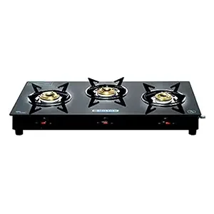 MILTON Premium 3 Burner Black Manual Ignition Glass Top Gas Stove, (ISI Certified)