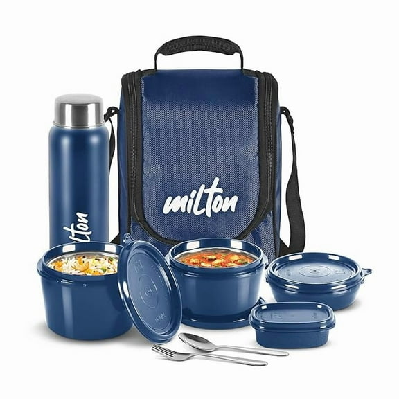 MILTON Pro Lunch Box with Steel Cutlery, 3 Microwave Safe Inner Steel Containers (180 ml, 320 ml, 450 ml), 100 ml, Steel Bottle, 750 ml with Insulated Bag, Office Tiffin, Blue
