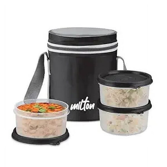 MILTON Softline Foodie Tiffin Insulated Lunch Box, Set of 3, (280 ml Each), Black | Leak Proof | Microwave Safe | Odour Proof | Light Weight | Easy to Carry | Food Grade