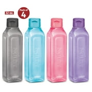 MILTON Sports Water Bottle Square Juice Box 4 Set 32 oz. Great for Juices Milk Smoothies Plastic Wide-Mouth Reusable Leak Proof Drink Bottle/Carton for School Bags Lunch Boxes Gym Flip Lid -BPA Free