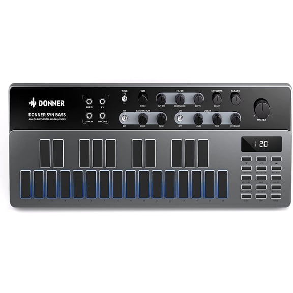 MIMIDI Analog Bass Synthesizer and Sequencer, Donner Essential B1 with Intuitive User Interface, 128 Patterns Memory, Saturation & Delay Effects, Make for Classic Acid Sound