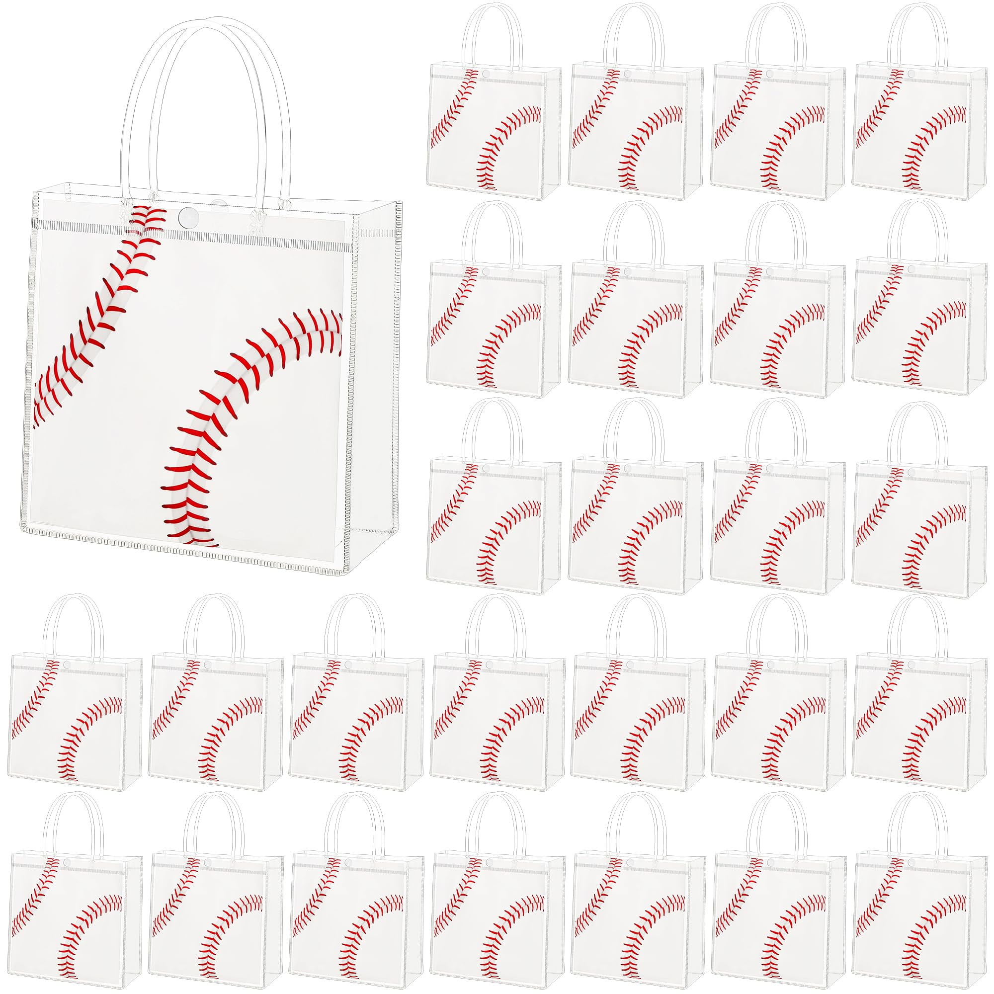 MIMIND 30 Pieces Baseball IEF31 Gift Bags Baseball Party Favor Goodie Bag with Handles 8 x 8 x 3.15 Inch, Clear PVC Bags Sport Theme Treat Bag for Sports Team Birthday Holiday Party Supplies