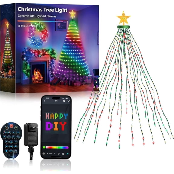 MIMIRGB Smart Christmas Tree Lights, 6FT 400 LED Waterfall String with Star Topper, USB App & Remote Control with Music Sync, Timer, and 20x20 DIY Canvas for Indoor Outdoor Holiday Decor