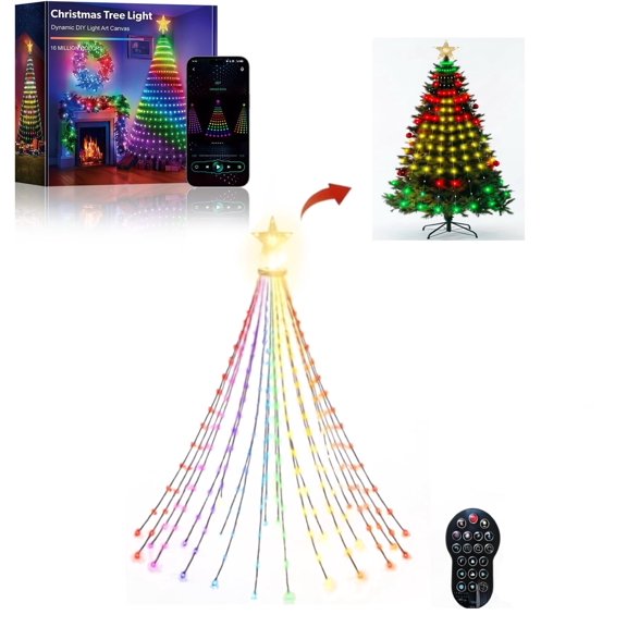 MIMIRGB Smart Christmas Tree Lights, 6FT 400 LED Waterfall String with Ring and Star Topper, USB App & Remote Music Sync for Holiday Decor