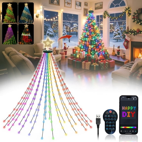 MIMIRGB Smart Christmas Tree Lights, 7FT 400 LED Waterfall String with Ring and Star Topper, USB App & Remote Music Sync for Holiday Decor