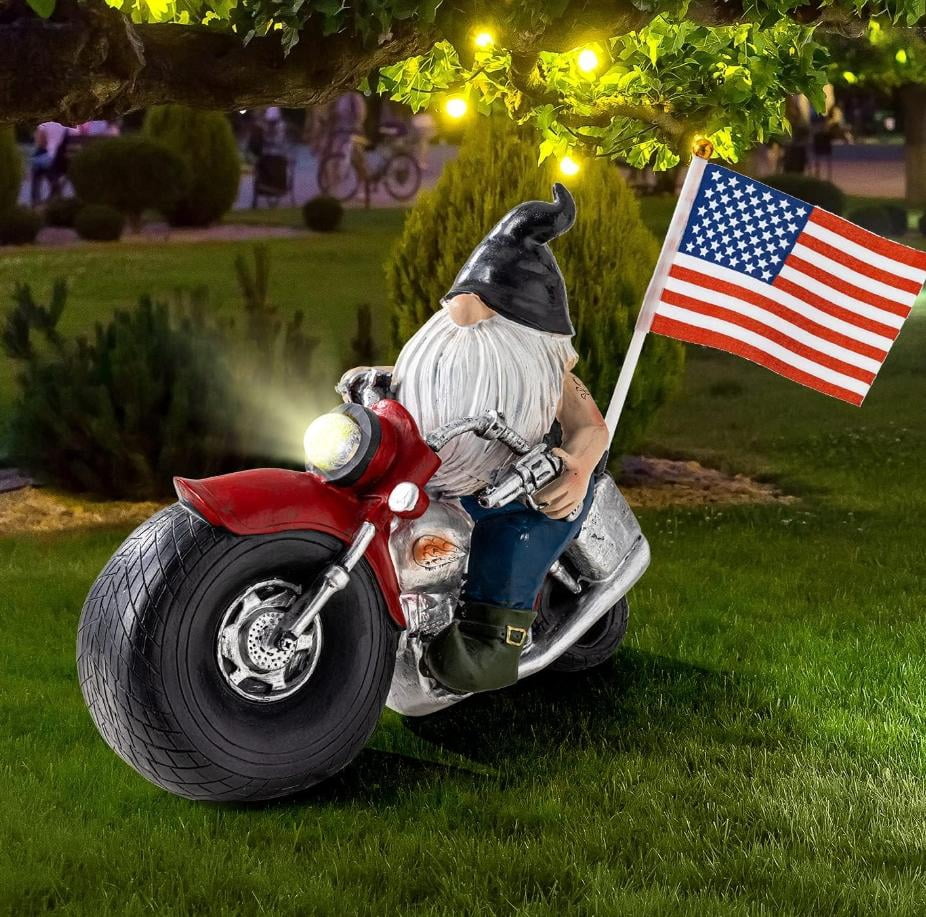 MIMISTIDIO Solar Garden Gnome Statues on Motorcycles with Lights, Resin ...