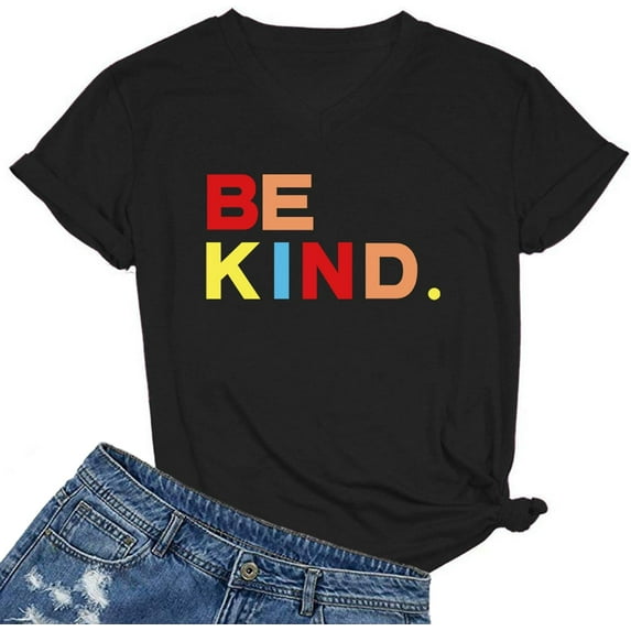 MIMOORN Women V Neck Be Kind T Shirts Cute Letter Print Funny Inspirational Graphic Tees Tops