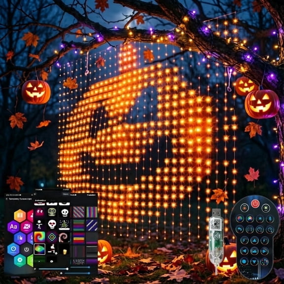 MIMRGB Smart Curtain Lights, Halloween Indoor/Outdoor Color Changing Curtain Light Up, 7.9x7.9FT with 256 LEDs, App & Remote Control DIY String Lights