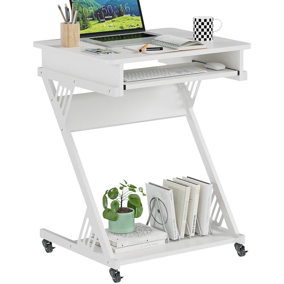MIN EN WIN 24" Mobile Small Computer Desk with Wheels & Keyboard Tray, Z-Shaped Modern Rolling Study Desk for Teens Students Bedroom College Dorm, White