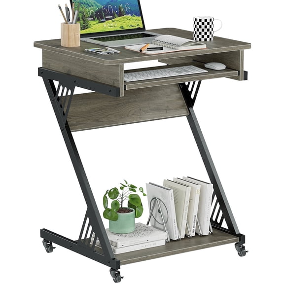 MIN EN WIN 24 inch Mobile Small Computer Desk with Wheels and Keyboard Tray, Z-Shaped Rolling Writing Study Desk with Storage Shelf for Bedroom Home Office Small Space, Gray Oak