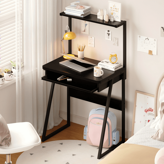 MIN EN WIN 2 Tiers Small Computer Desk for Small Space, Compact Laptop Table Workstation with Keyboard Tray, Study PC Table for Home Office, Black