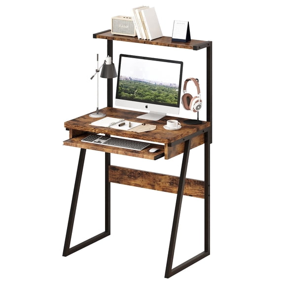 MIN EN WIN 28 inch Industrial Small Computer Desk with Hutch and Keyboard Tray, Teens Adults Study Workstation for Bedroom College Dorm, Rustic Brown