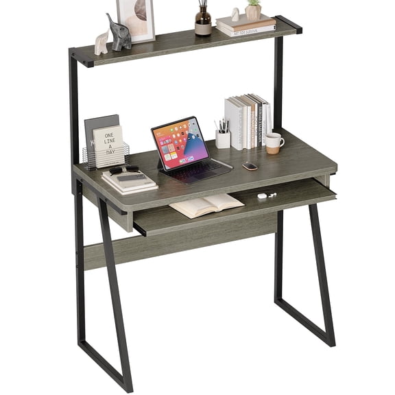 MIN EN WIN 28 inch Modern Small Computer Desk with Hutch and Keyboard Tray, Teens Adults Study Workstation for Bedroom College Dorm, Gray Oak
