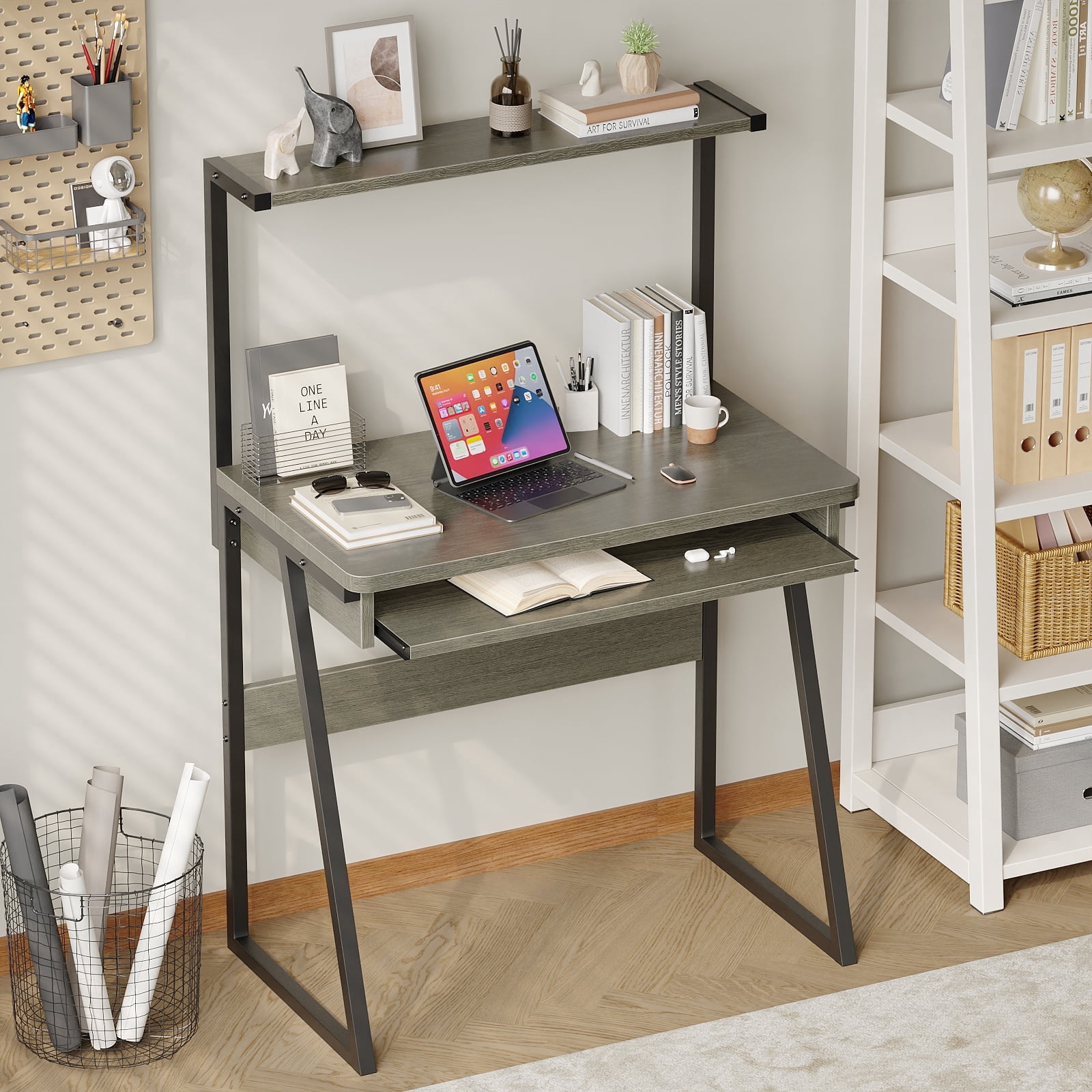 MIN EN WIN 2 Tiers Small Computer Desk for Small Space, Compact Laptop Table Workstation with Keyboard Tray, Study PC Table for Home Office,Gray Oak