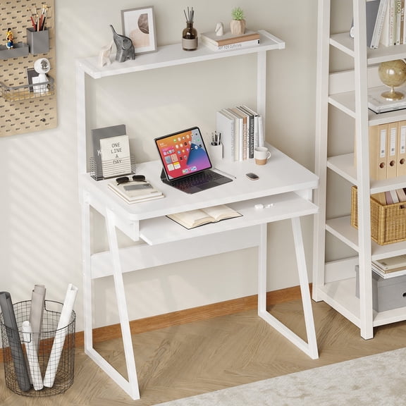MIN EN WIN 2 Tiers Small Computer Desk for Small Space, Compact Laptop Table Workstation with Keyboard Tray, Study PC Table for Home Office, White