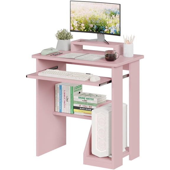 MIN EN WIN 29" Small Computer Desk with Keyboard Tray & Monitor Stand, Girls Study Writing Table with Storage Shelf for Bedroom Home Office College Dorm, Pink