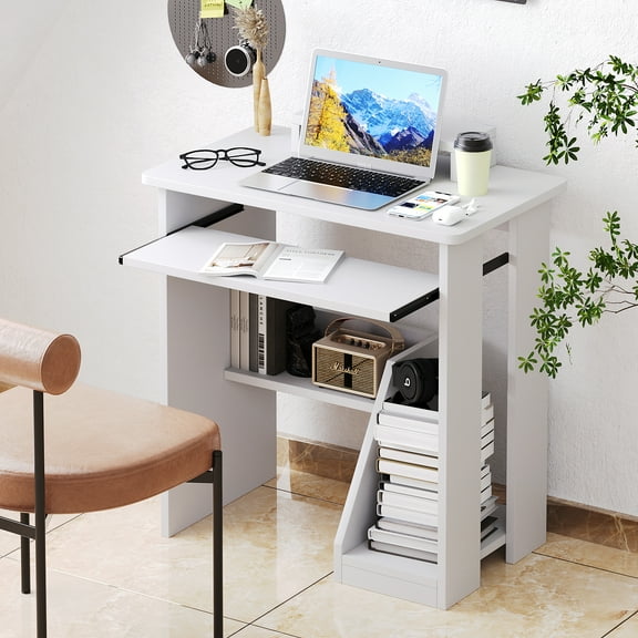 MIN EN WIN 29in Computer Desk with Monitor Stand and Keyboard Tray for Small Space, Wood PC Laptop for Bedroom, Writing Table with Shelves for Living room, White