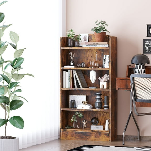 MIN EN WIN 5-Shelf Multi-Functional Modern Wood Bookcase with Curved Design, Dust-Proof Baffle, and Sturdy Construction for Home Office,Brown