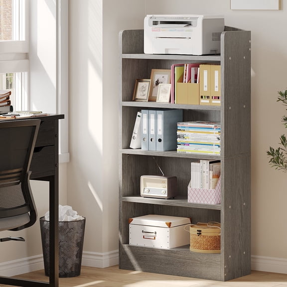 MIN EN WIN 5-Shelf Multi-Functional Modern Wood Bookcase with Curved Design, Dust-Proof Baffle, and Sturdy Construction for Home Office,Gray Oak