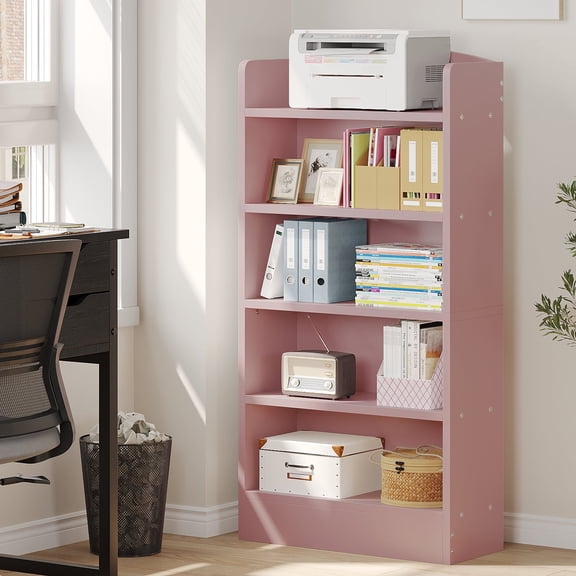 MIN EN WIN 5-Shelf Multi-Functional Modern Wood Bookcase with Curved Design, Dust-Proof Baffle, and Sturdy Construction for Home Office,Pink