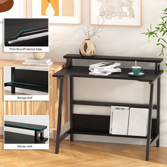 MIN EN WIN Computer Home Office Desk,31.5" Desk for Small Spaces with Storage Shelf,Small Computer Desk with Monitor and Bookshelf,Modern Simple Style Laptop Desk,Black