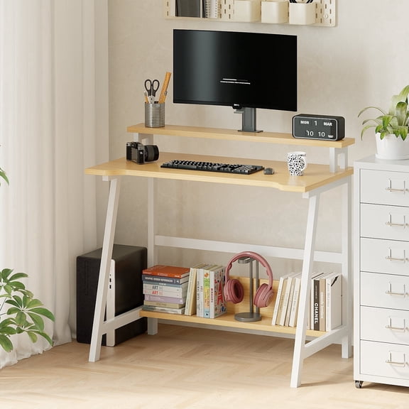 MIN EN WIN Computer Home Office Desk,31.5" Desk for Small Spaces with Storage Shelf,Small Computer Desk with Monitor and Bookshelf,Modern Simple Style Laptop Desk,Light Wood
