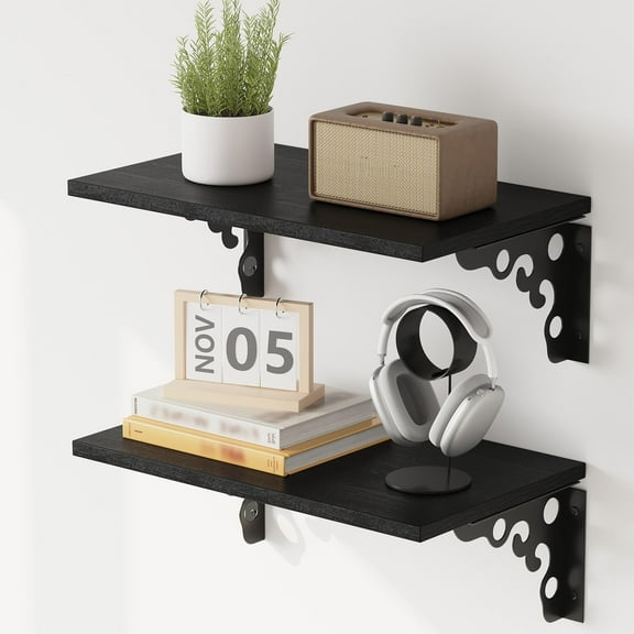 MIN EN WIN Floating Shelves for Wall Decor, 7 Inch Deep Shelves , 16W x 7D Floating Shelves Wall Mounted with Metal Brackets, Rustic Wood Shelves for Living Room Bedroom Kitchen,Black