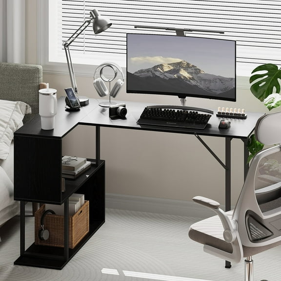 MIN EN WIN Industrial L-Shaped Desk with Storage Shelves,48 Inch Corner Computer Gaming Desk PC Laptop Study Table Workstation Wtiting Desk with Bookshelf for Home Office Small Space,Black