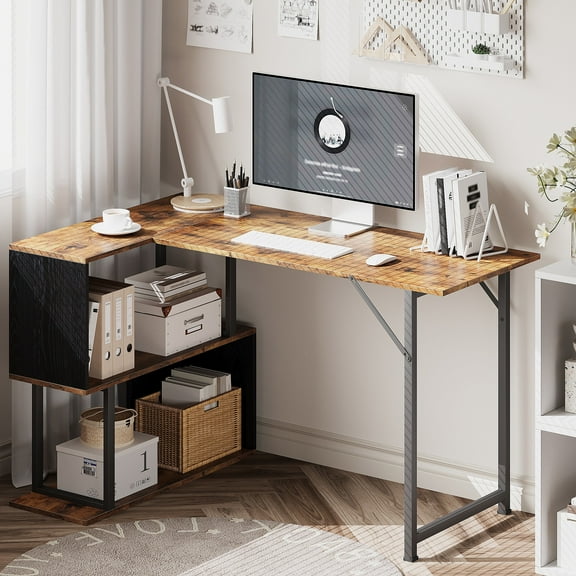 MIN EN WIN Brown L - Shaped Computer Desk with Storage Shelves Sturdy Writing Desk for Home Office