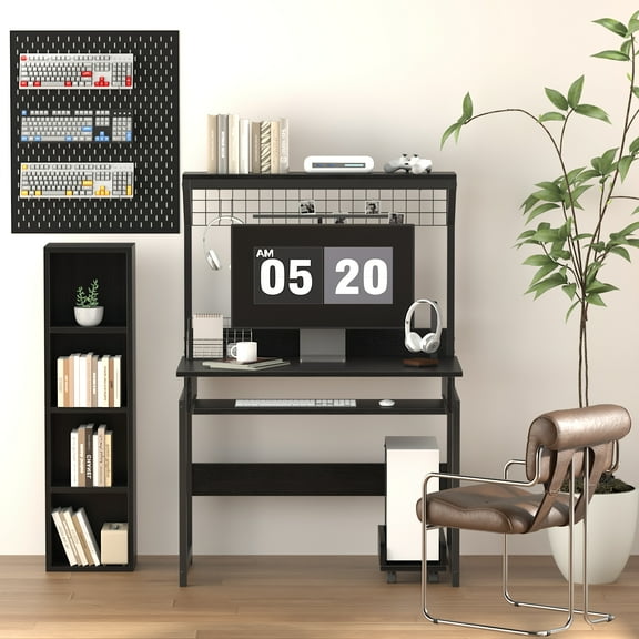 MIN EN WIN Retro Computer Desk with Storage Shelf and Keyboard Tray, Industrial Style Gaming Desk for Home Office,Black