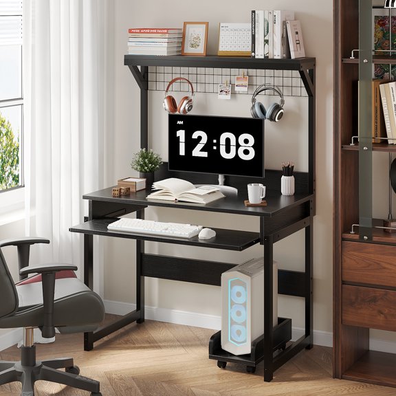 MIN EN WIN Retro Computer Desk with Storage Shelf and Keyboard Tray, Industrial Style Gaming Desk for Home Office,Black