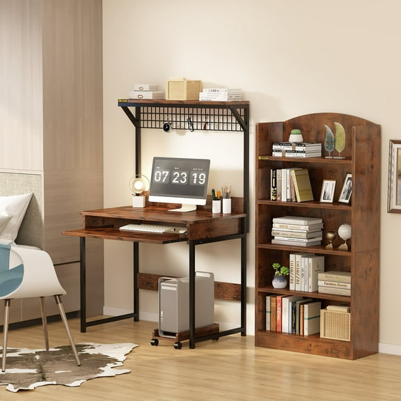 MIN EN WIN Retro Computer Desk with Storage Shelf and Keyboard Tray, Industrial Style Gaming Desk for Home Office, Rustic Brown
