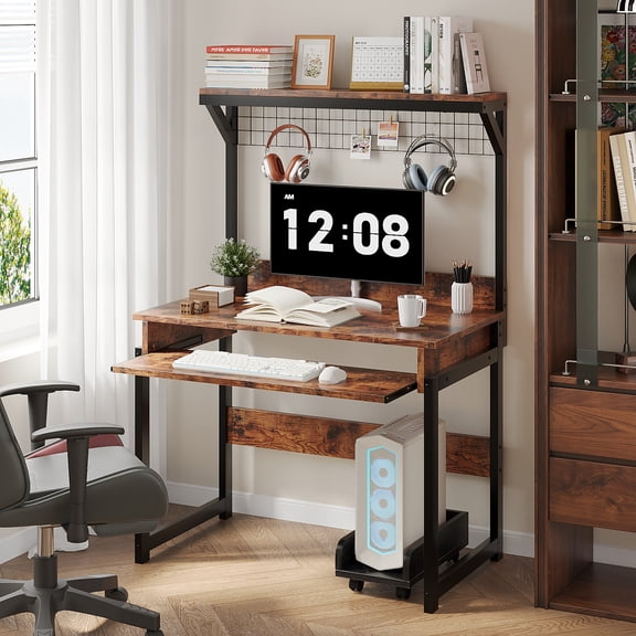 MIN EN WIN Retro Computer Desk with Storage Shelf and Keyboard Tray, Industrial Style Gaming Desk for Home Office, Rustic Brown
