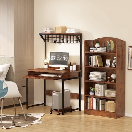 MIN EN WIN Retro Computer Desk with Storage Shelf and Keyboard Tray, Industrial Style Gaming Desk for Home Office, Rustic Brown