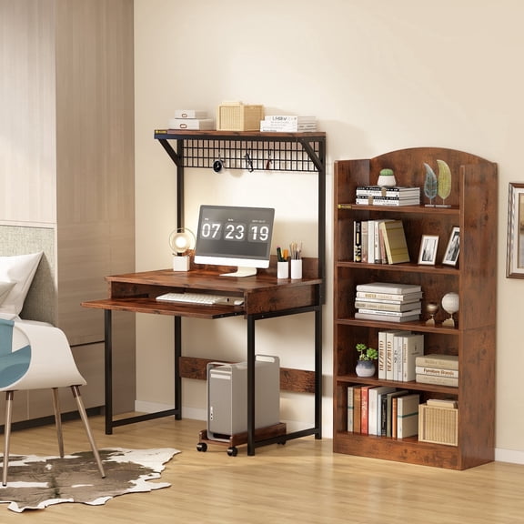 MIN EN WIN Retro Computer Desk with Storage Shelf and Keyboard Tray, Industrial Style Gaming Desk for Home Office, Rustic Brown