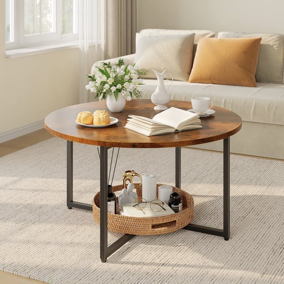 MIN EN WIN Round Coffee Table with Cross Legs Frame, Industrial Wood-Look Cocktail Table, Modern Center Table for Living Room & Home Office